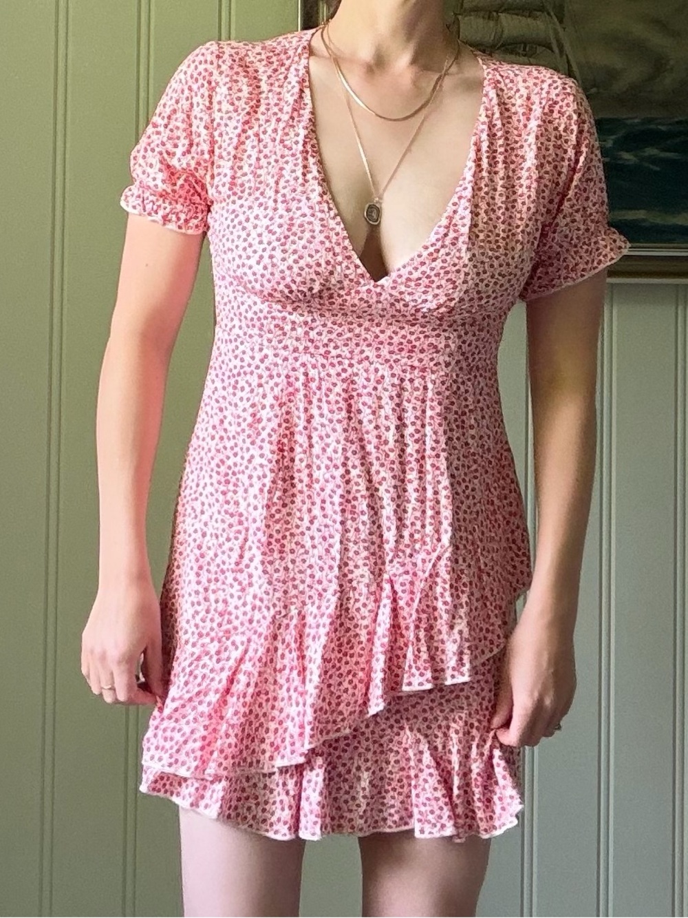 Floral Mini Dress V-Neck Empire Waist Ruffle Hem Sundress - XS Fit - Picture 3 of 11